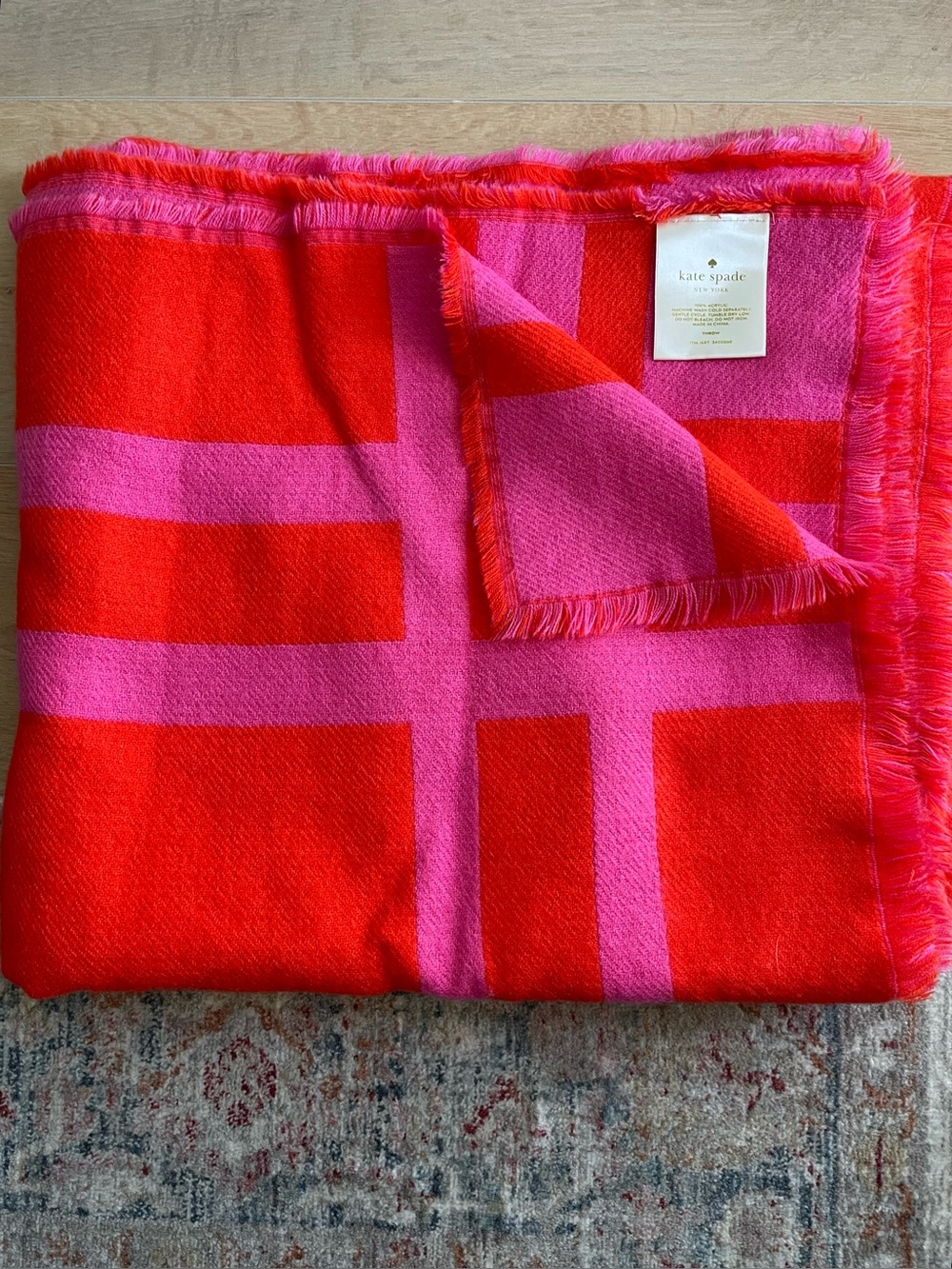KATE SPADE Orange & Pink Fringe Throw Blanket - 60” x 70”